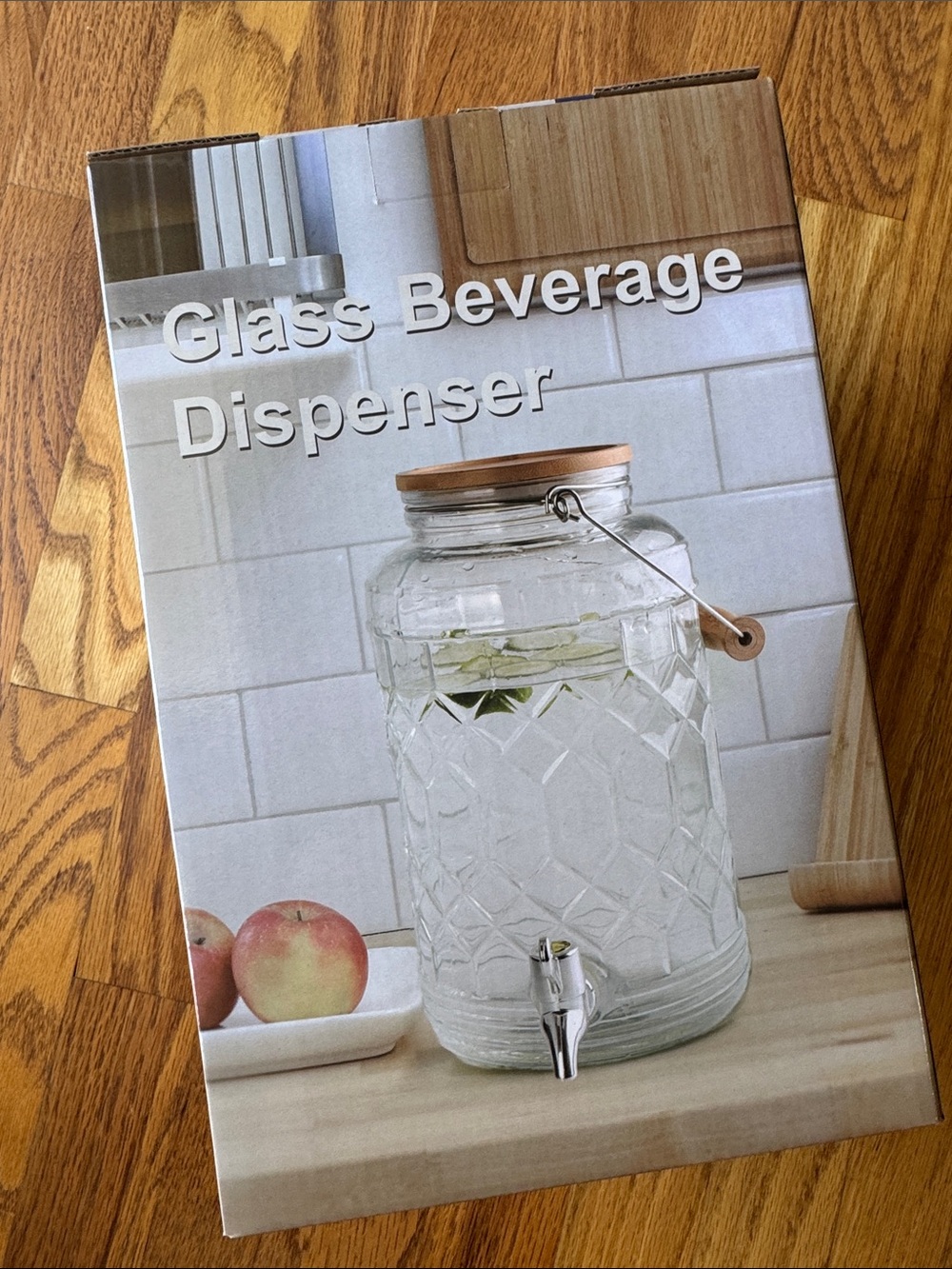 Glass Beverage Dispenser with Wooden Lid - Clear NEW in box!